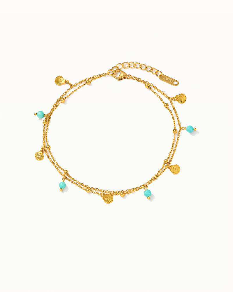 Bracelet de cheville doré avec perles turquoise et breloques coquillage - Kendra