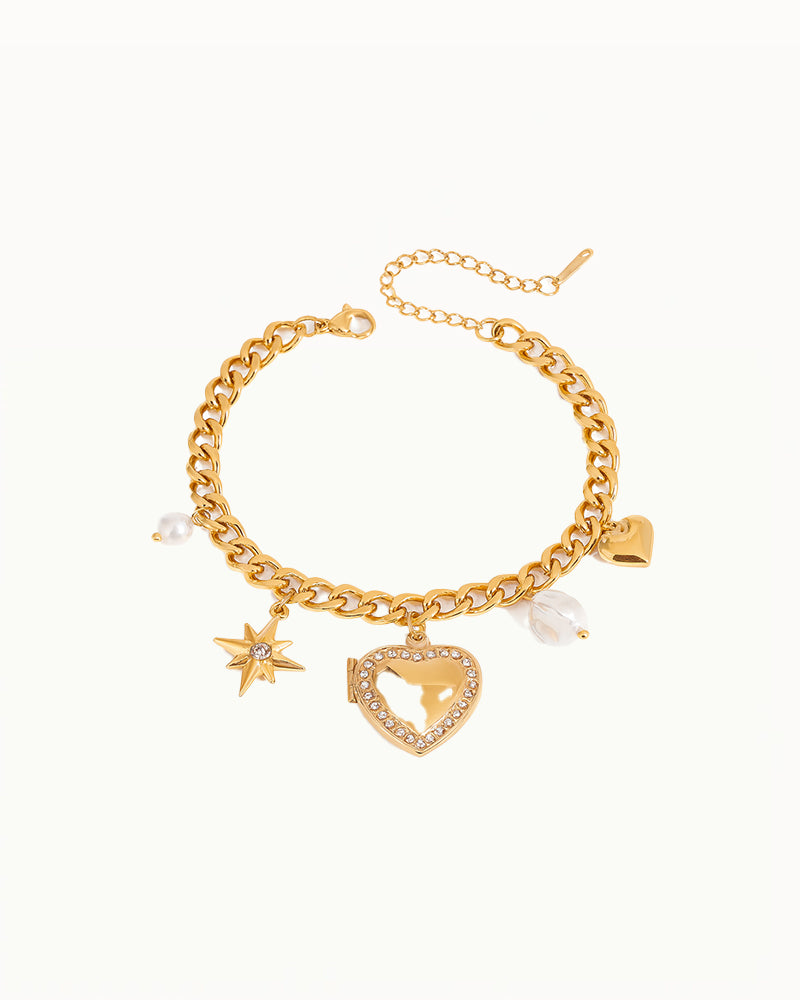 Gouden Schakelarmband met Hart, Ster & Parel Bedels - Dine