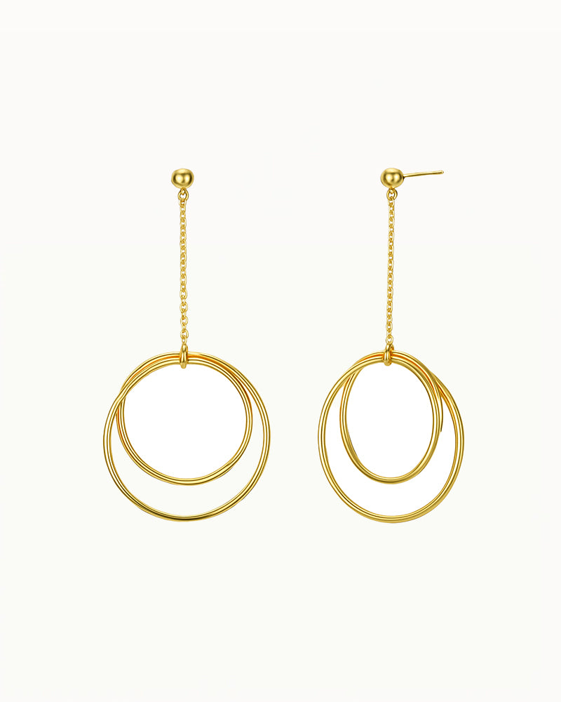 Gold Long Earrings with Double Rings - Phoebe